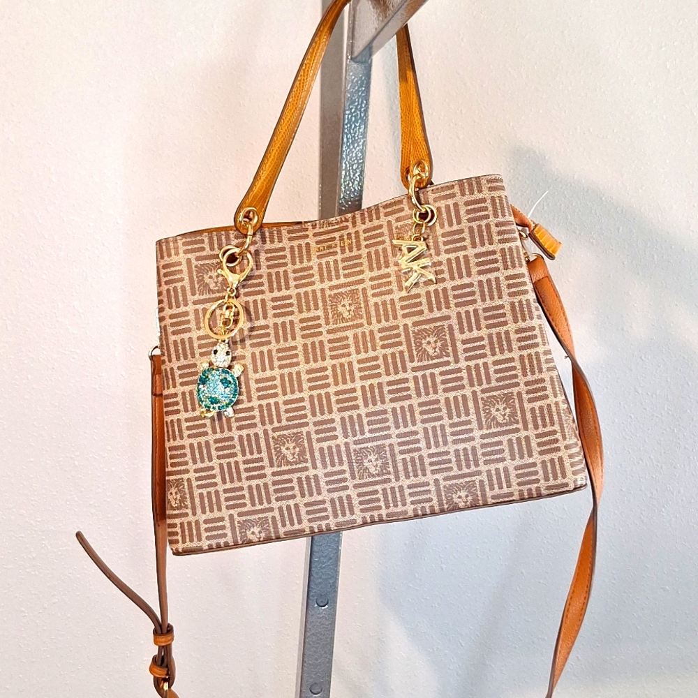 Brown Patterned Anne Klein Handbag With Tan Walle… - image 1